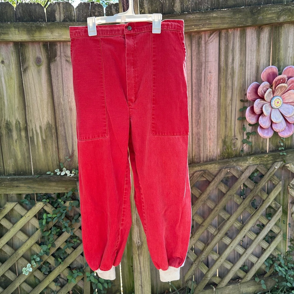 Vintage 80s Red Denim Jogger Balloon Pants Elastic Cuff‎ Retro Streetwear Large